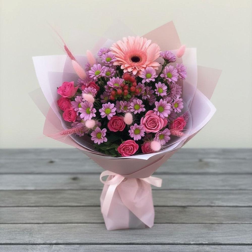 Букет цветов из: Розы, Герберы и Хризантемы в Никитское