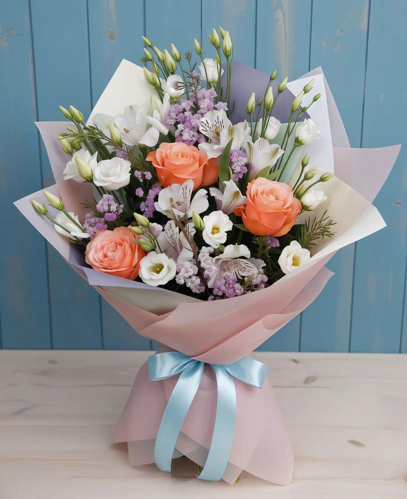 Букет цветов из: Лизиантусы, Розы, Альстромерии и Гипсофила в Никитское