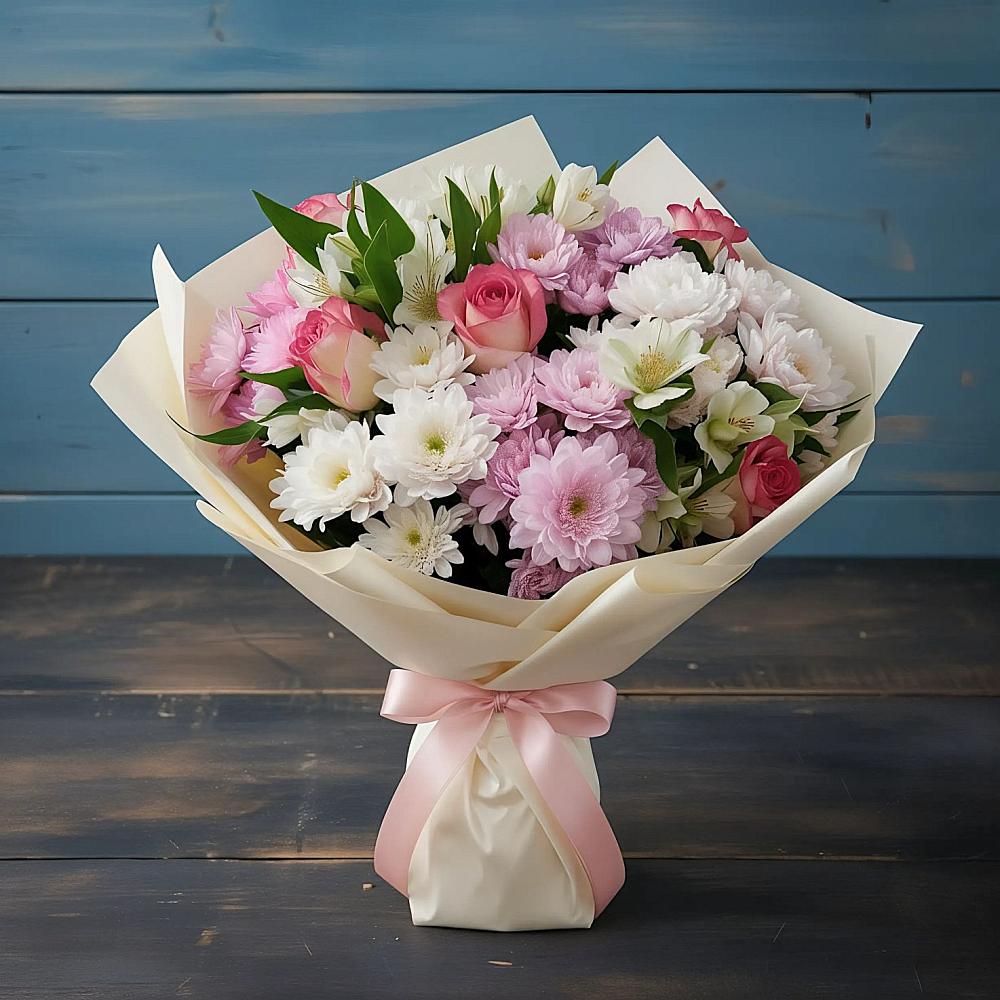 Букет цветов из: Хризантемы, Альстромерии и Розы в Никитское